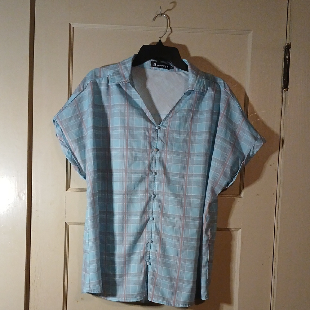 Allegra K Blue Button Down Shirt with Plaid Design
